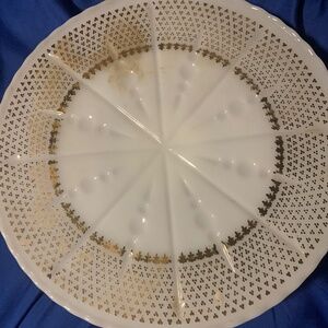 Anchor Hocking milk glass pedestal cake stand with a gold "Fleur de Lis"